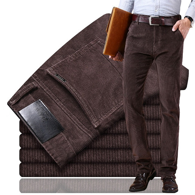 nuevos pantalones casuales de pana para hombres 2019 pantalones clásicos clásicos de negocios de mediana edad rectos elásticos casuales de la marca de vino rojo pantalones casuales