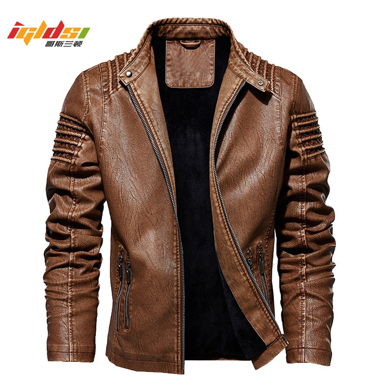 Chaqueta de cuero de invierno para hombre Motociclista Abrigos de cuero de la PU Ropa de abrigo masculina Moda Chaqueta de forro de lana sintética cálida y espesa M-5XL