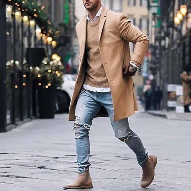 Otoño Invierno Hombres Marca Fleece mezclas Chaqueta Hombre Abrigo Casual Sólido Abrigos de cuello delgado Abrigo largo de algodón Trench Streetwear