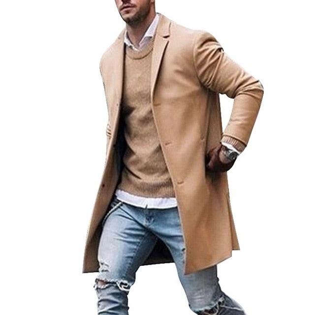 Otoño Invierno Hombres Marca Fleece mezclas Chaqueta Hombre Abrigo Casual Sólido Abrigos de cuello delgado Abrigo largo de algodón Trench Streetwear