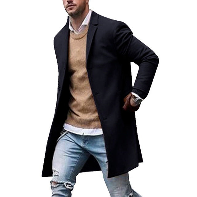 Otoño Invierno Hombres Marca Fleece mezclas Chaqueta Hombre Abrigo Casual Sólido Abrigos de cuello delgado Abrigo largo de algodón Trench Streetwear