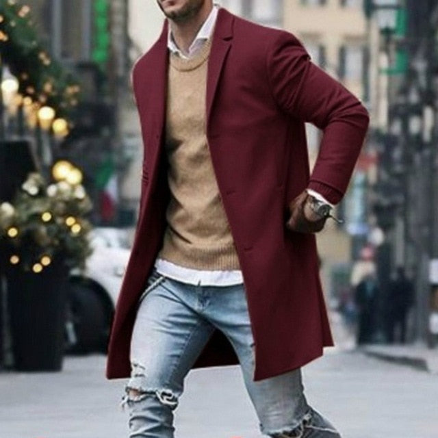 Otoño Invierno Hombres Marca Fleece mezclas Chaqueta Hombre Abrigo Casual Sólido Abrigos de cuello delgado Abrigo largo de algodón Trench Streetwear