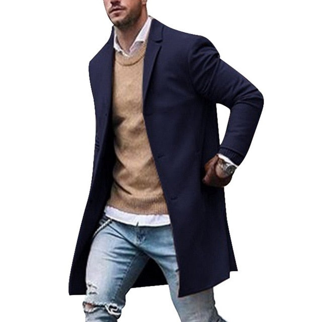 Otoño Invierno Hombres Marca Fleece mezclas Chaqueta Hombre Abrigo Casual Sólido Abrigos de cuello delgado Abrigo largo de algodón Trench Streetwear
