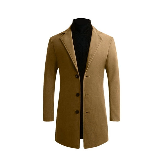 Otoño Invierno Hombres Marca Fleece mezclas Chaqueta Hombre Abrigo Casual Sólido Abrigos de cuello delgado Abrigo largo de algodón Trench Streetwear