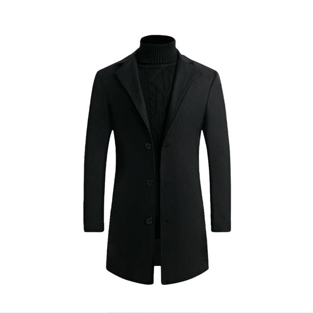 Otoño Invierno Hombres Marca Fleece mezclas Chaqueta Hombre Abrigo Casual Sólido Abrigos de cuello delgado Abrigo largo de algodón Trench Streetwear