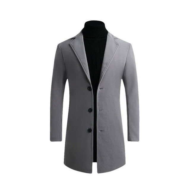 Otoño Invierno Hombres Marca Fleece mezclas Chaqueta Hombre Abrigo Casual Sólido Abrigos de cuello delgado Abrigo largo de algodón Trench Streetwear