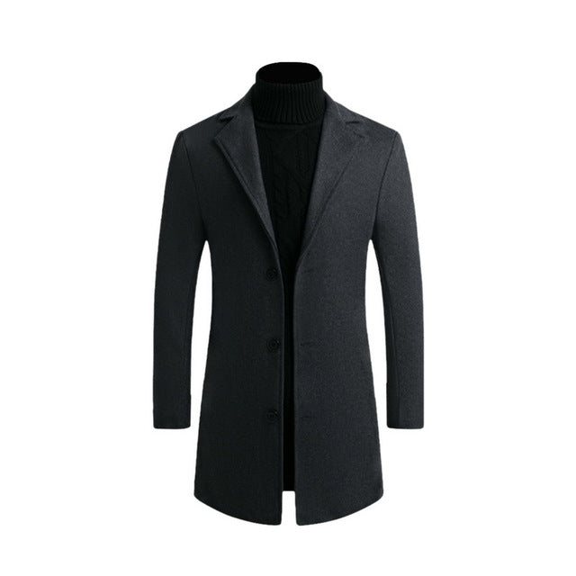 Otoño Invierno Hombres Marca Fleece mezclas Chaqueta Hombre Abrigo Casual Sólido Abrigos de cuello delgado Abrigo largo de algodón Trench Streetwear