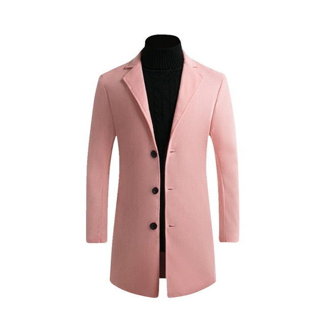 Otoño Invierno Hombres Marca Fleece mezclas Chaqueta Hombre Abrigo Casual Sólido Abrigos de cuello delgado Abrigo largo de algodón Trench Streetwear