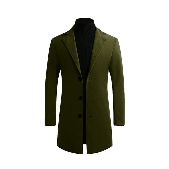 Otoño Invierno Hombres Marca Fleece mezclas Chaqueta Hombre Abrigo Casual Sólido Abrigos de cuello delgado Abrigo largo de algodón Trench Streetwear