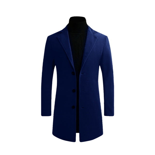 Otoño Invierno Hombres Marca Fleece mezclas Chaqueta Hombre Abrigo Casual Sólido Abrigos de cuello delgado Abrigo largo de algodón Trench Streetwear