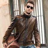 2016 Hombres chaqueta de cuero real de piel de cerdo chaqueta de cuero genuino de la vendimia hombres chaqueta de cuero de piel de doble cara chaqueta de moto