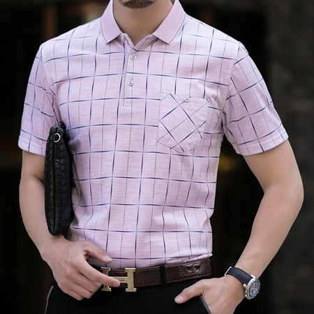 Thoshine Marca Hombres Corto Polo 95% viscosa Moda Informal polo de negocios cuadros estilo Dot Camisa bolsillos Tops
